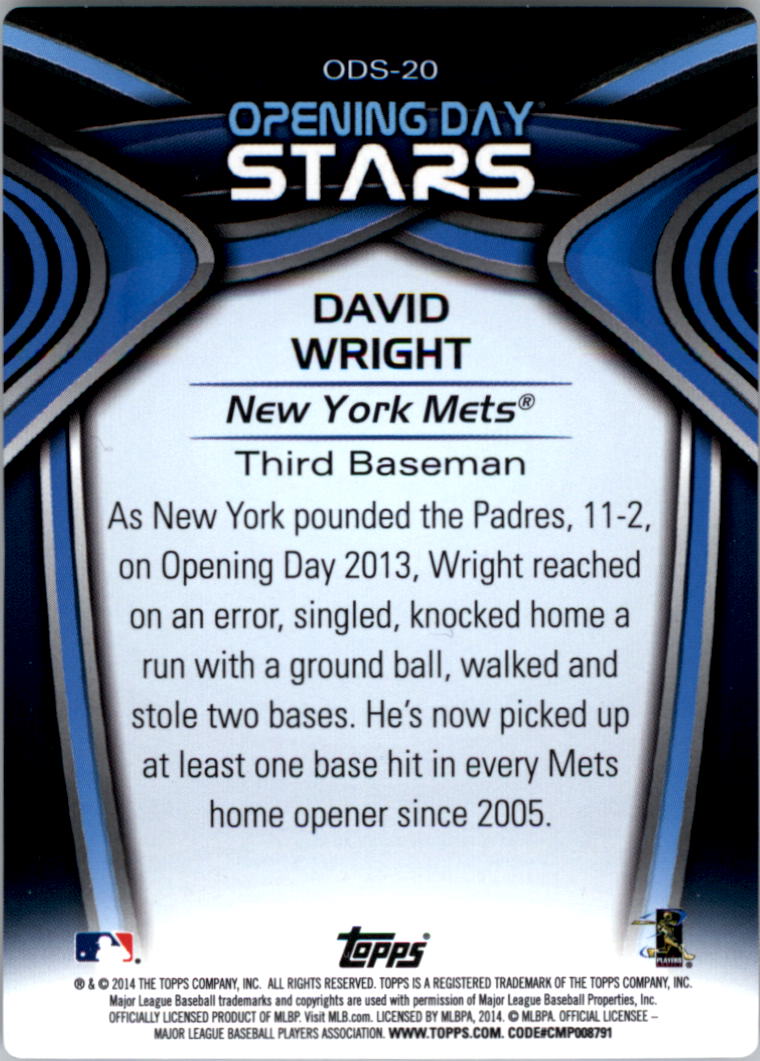 2014 Topps Opening Day Stars #ODS20 David Wright back image