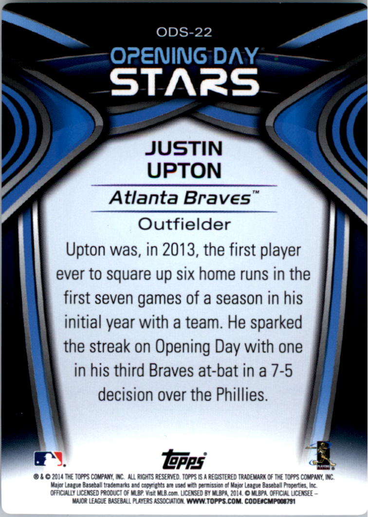 2014 Topps Opening Day Stars #ODS22 Justin Upton back image