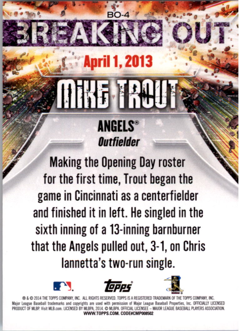 2014 Topps Opening Day Breaking Out #BO4 Mike Trout back image