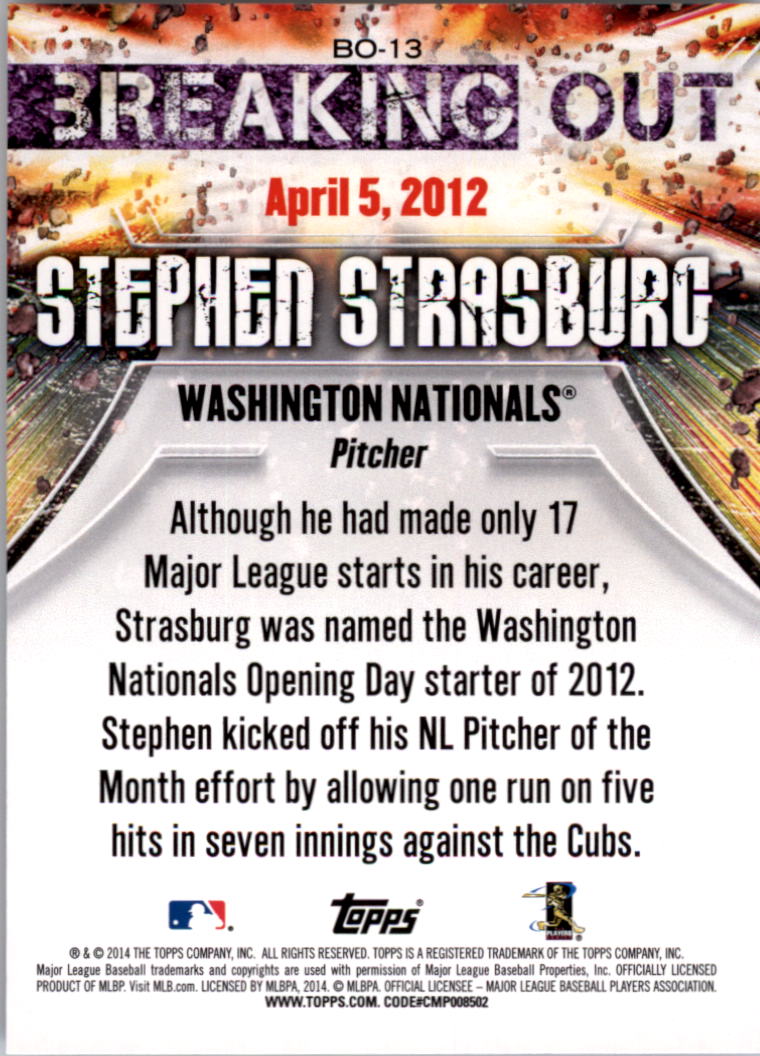 2014 Topps Opening Day Breaking Out #BO13 Stephen Strasburg back image
