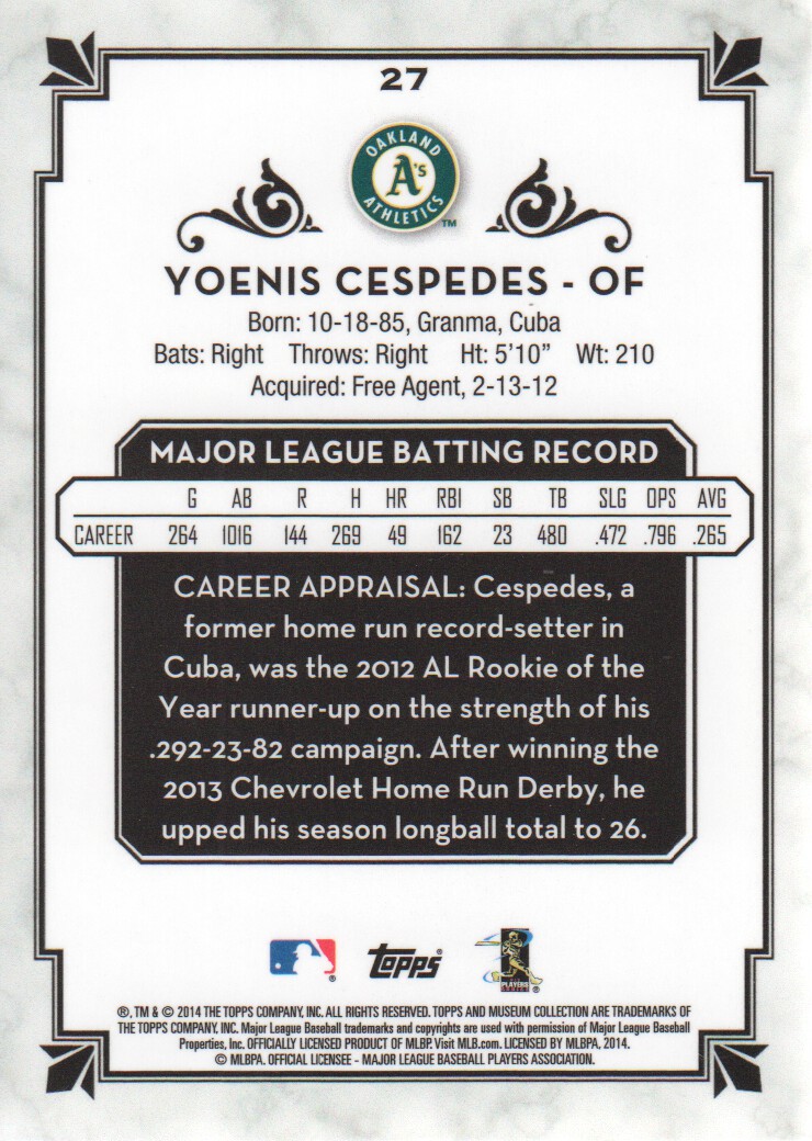2014 Topps Museum Collection Copper #27 Yoenis Cespedes back image