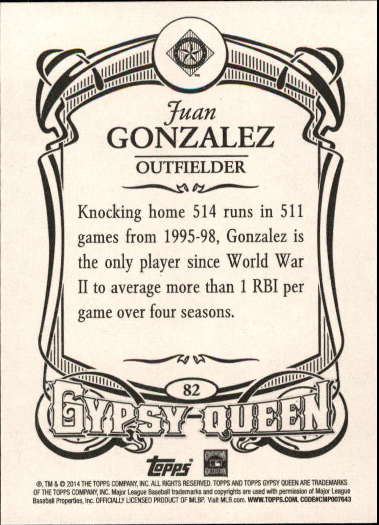 2014 Topps Gypsy Queen #82 Juan Gonzalez back image