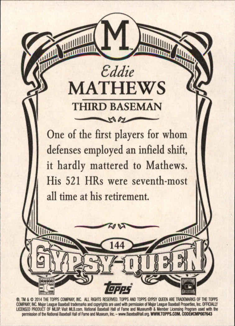 2014 Topps Gypsy Queen #144 Eddie Mathews back image