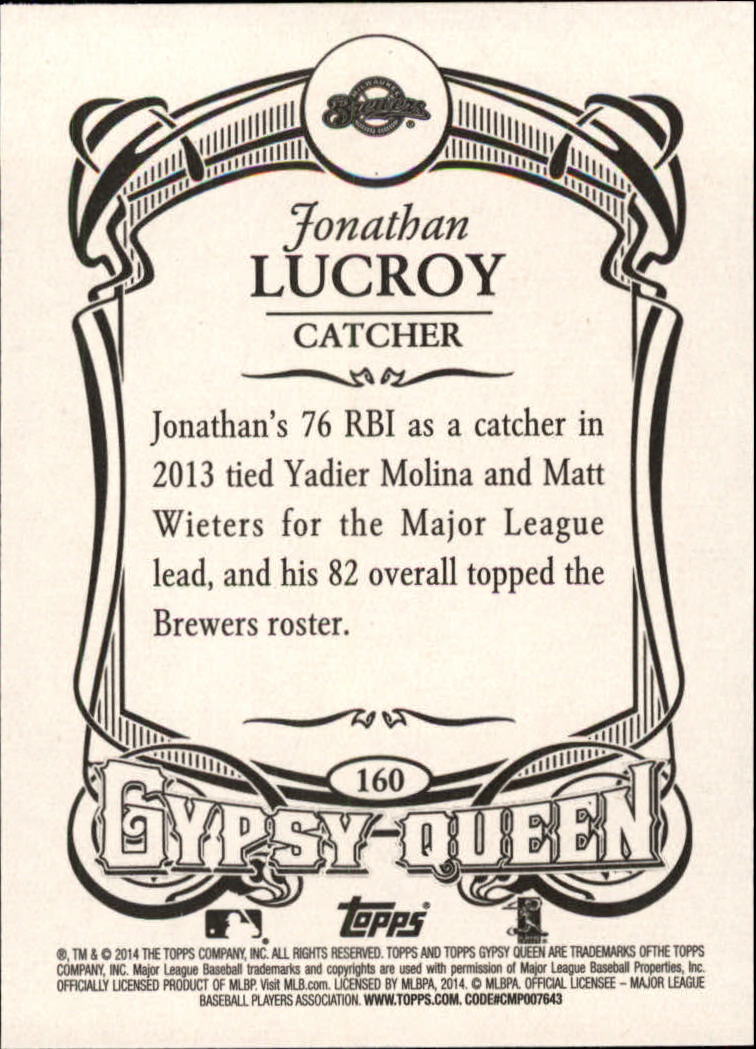 2014 Topps Gypsy Queen #160 Jonathan Lucroy back image
