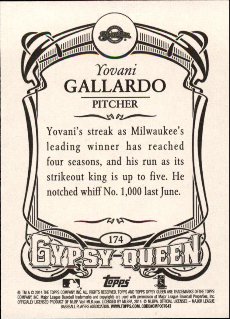 2014 Topps Gypsy Queen #174 Yovani Gallardo back image