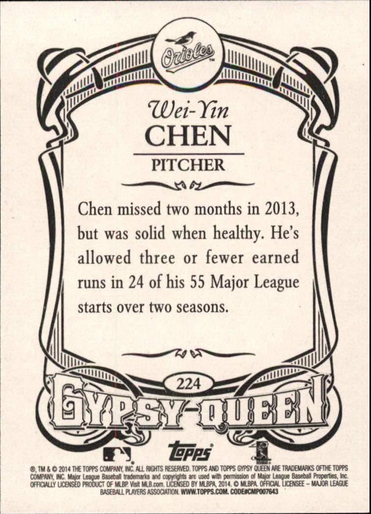 2014 Topps Gypsy Queen #224 Wei-Yin Chen back image