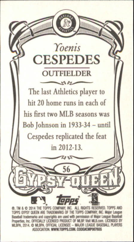 2014 Topps Gypsy Queen Mini #56B Yoenis Cespedes/Yellow jsy back image