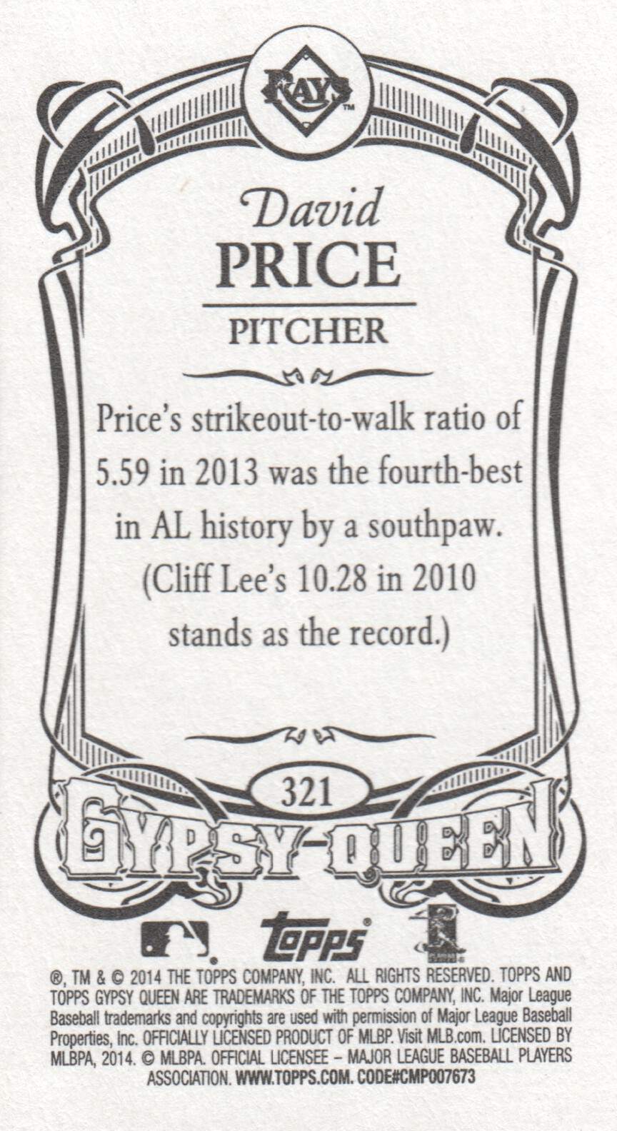 2014 Topps Gypsy Queen Mini #321B David Price/Sunglasses back image