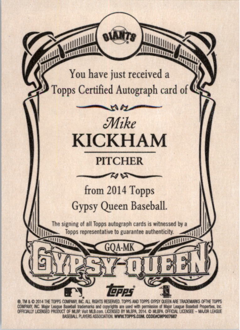 2014 Topps Gypsy Queen Autographs #GQAMK Mike Kickham back image
