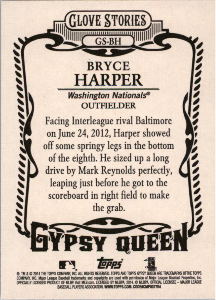2014 Topps Gypsy Queen Glove Stories #GSBH Bryce Harper back image