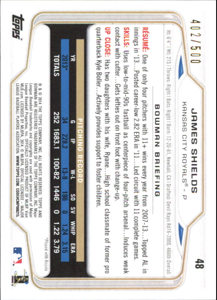 2014 Bowman Blue #48 James Shields back image