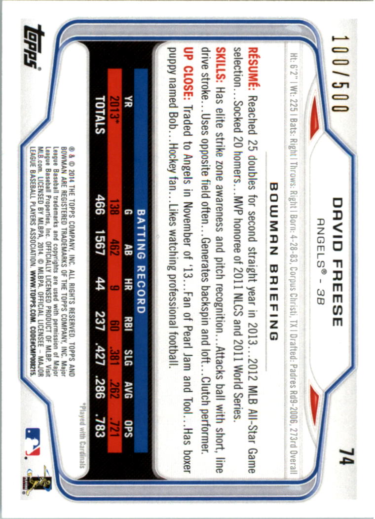 2014 Bowman Blue #74 David Freese back image