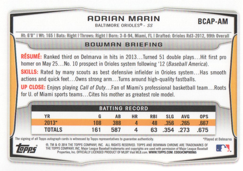 2014 Bowman Chrome Prospect Autographs #BCAPAMA Adrian Marin back image