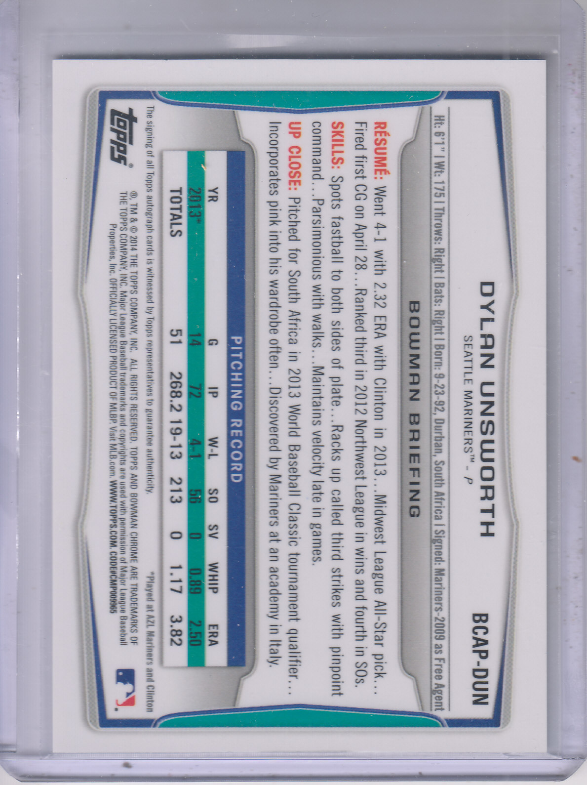 2014 Bowman Chrome Prospect Autographs #BCAPDUN Dylan Unsworth back image