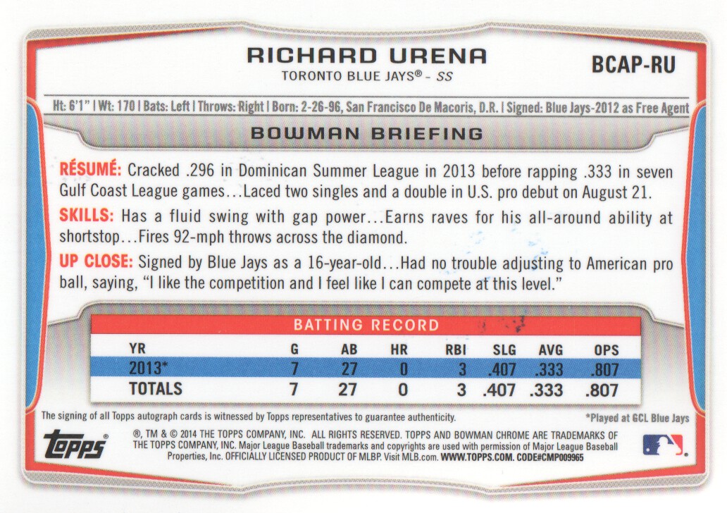 2014 Bowman Chrome Prospect Autographs #BCAPRU Richard Urena back image