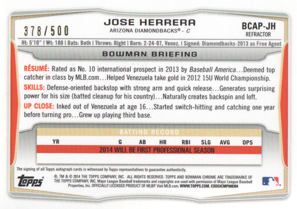 2014 Bowman Chrome Prospect Autographs Refractors #BCAPJH Jose Herrera back image