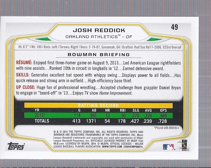 2014 Bowman Silver Ice #49 Josh Reddick back image