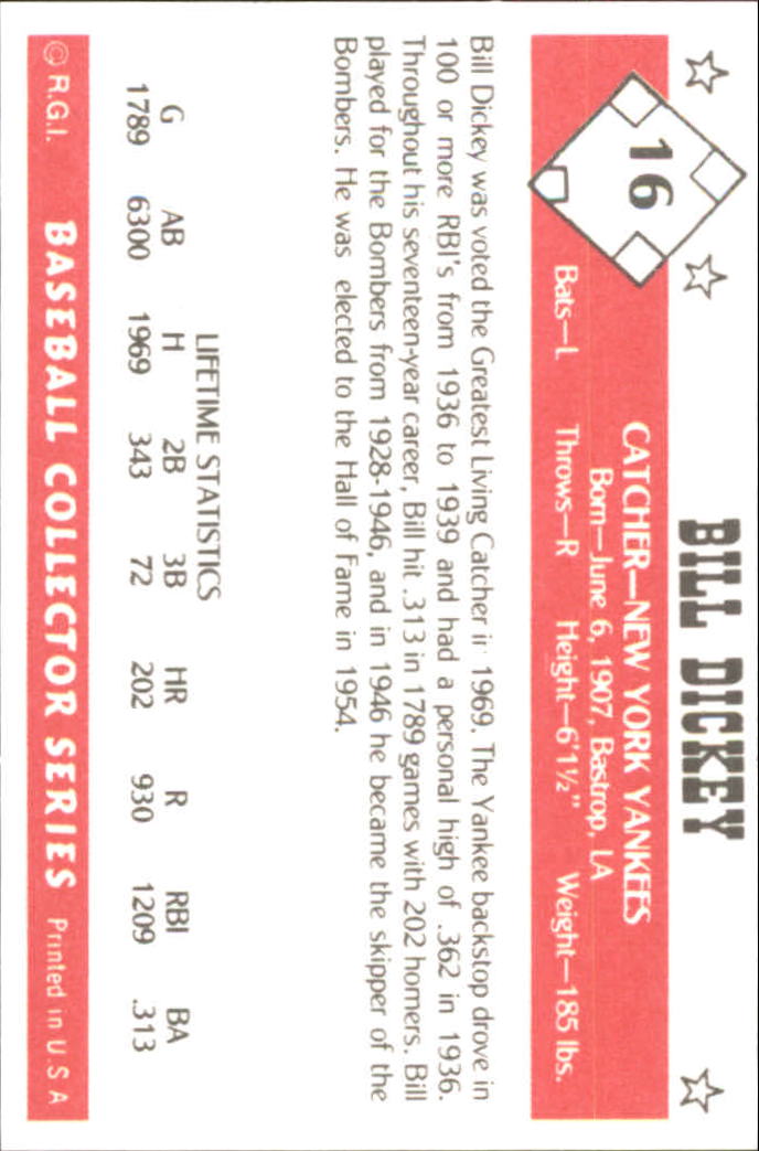 1984 Galasso Baseball Collector Series #16 Bill Dickey back image