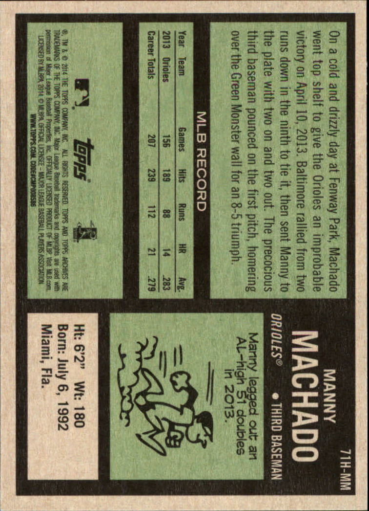 2014 Topps Archives '71-72 Hockey #71HMM Manny Machado back image