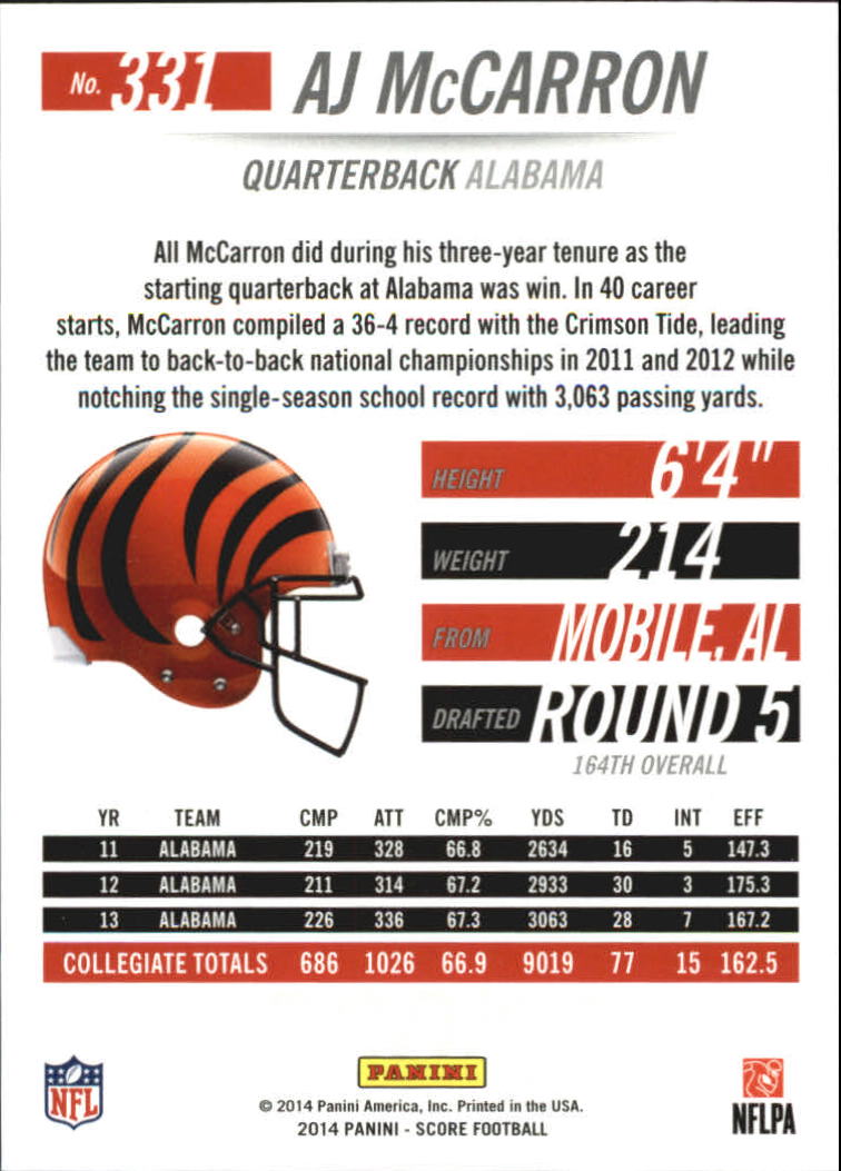 2014 Score #331 A.J. McCarron RC back image