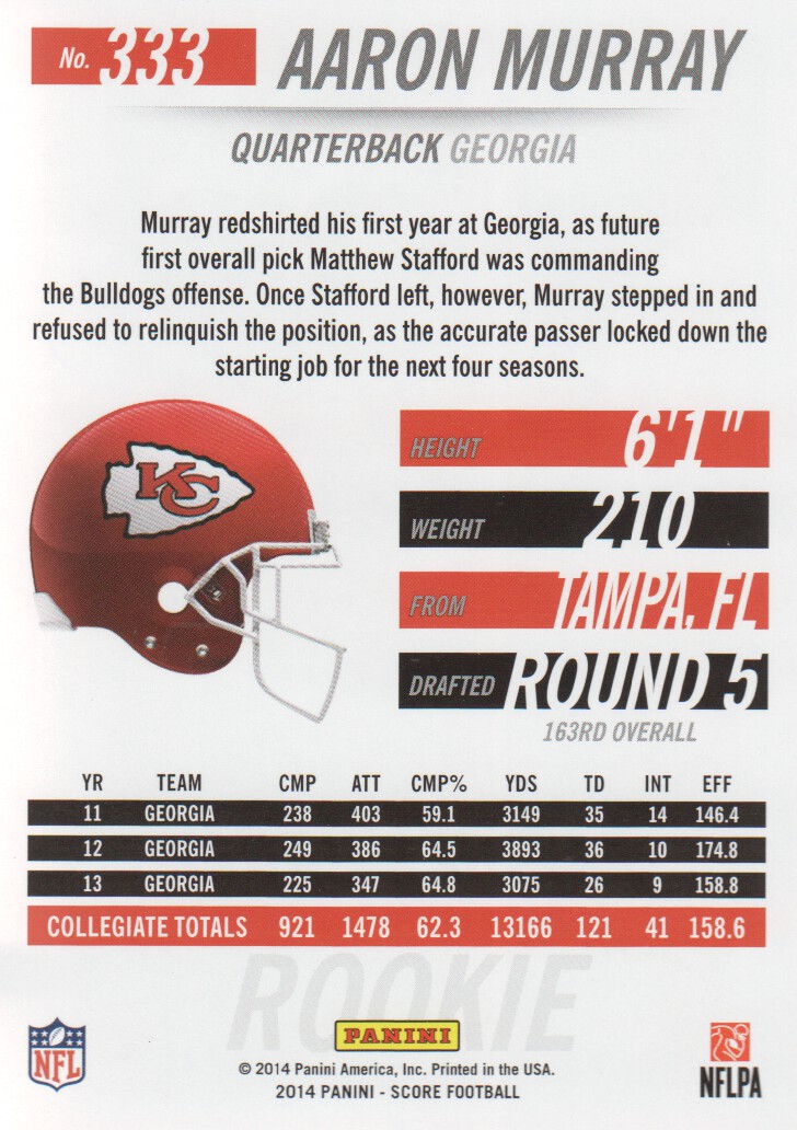 2014 Score #333 Aaron Murray RC back image