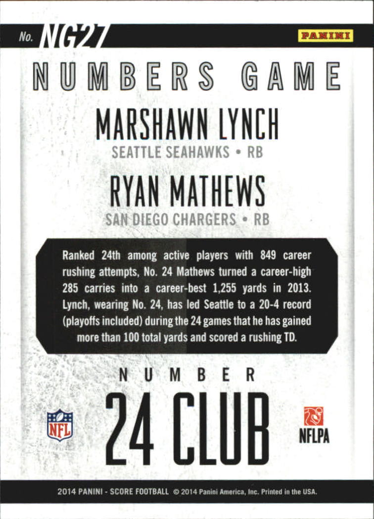 2014 Score Numbers Game #NG27 Marshawn Lynch/Ryan Mathews back image
