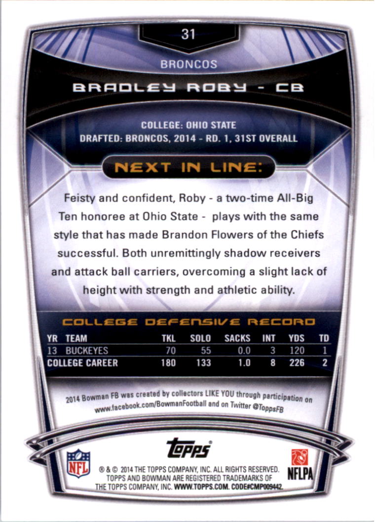 2014 Bowman #R31 Bradley Roby RC back image
