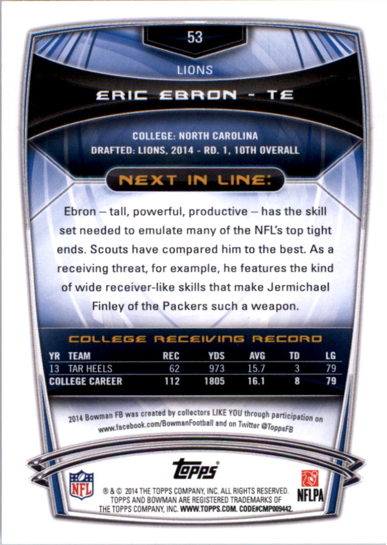 2014 Bowman #R53 Eric Ebron RC back image