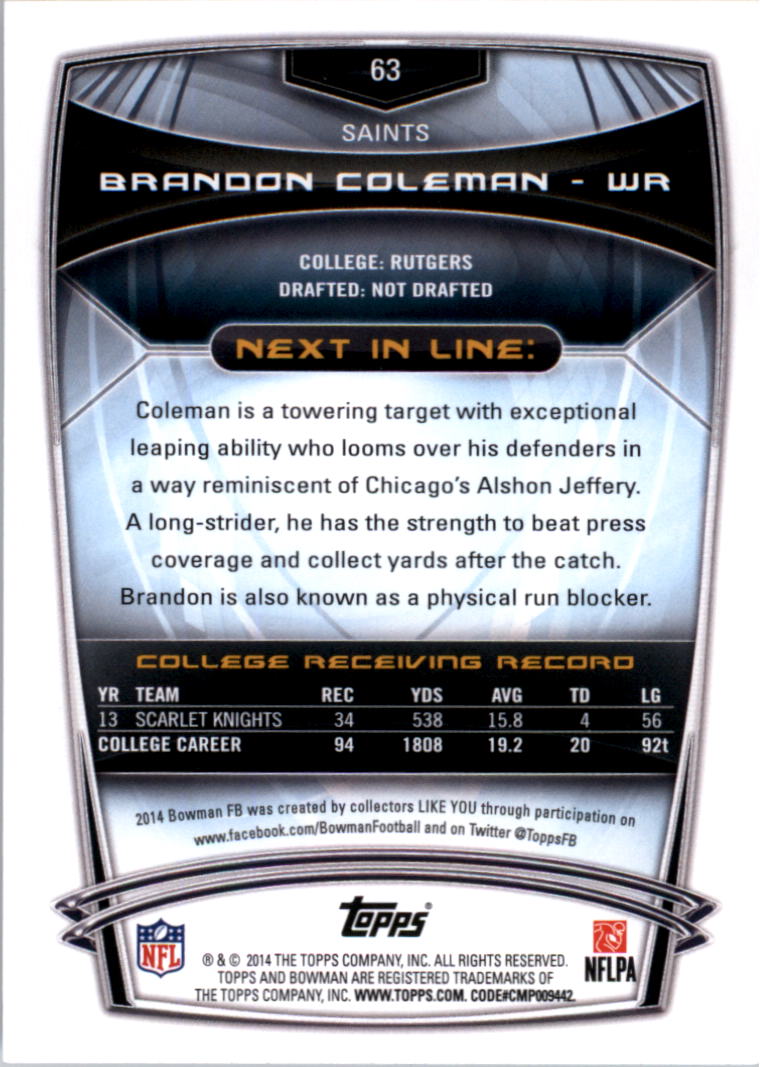 2014 Bowman #R63 Brandon Coleman RC back image