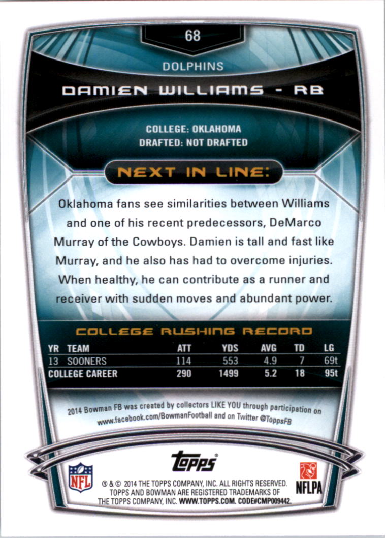 2014 Bowman #R68 Damien Williams RC back image