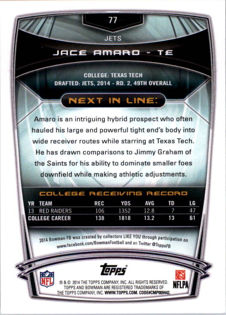 2014 Bowman #R77 Jace Amaro RC back image