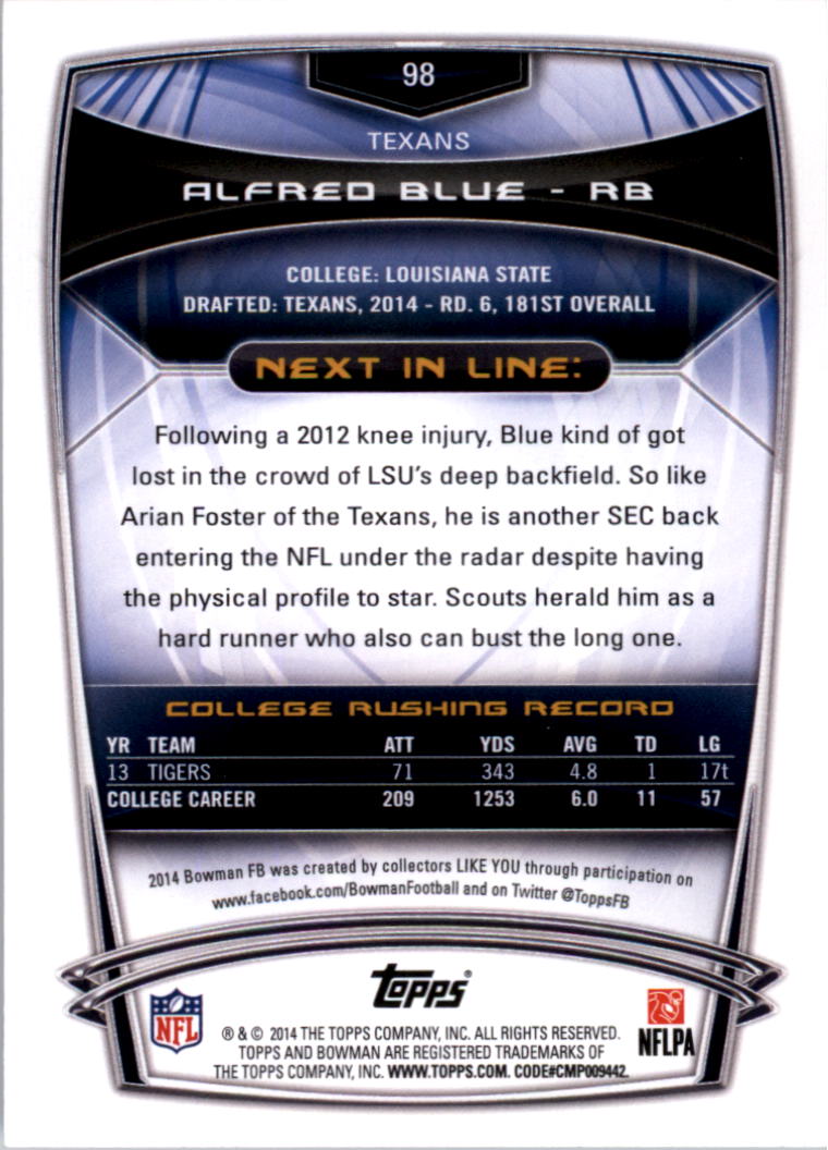 2014 Bowman #R98 Alfred Blue RC back image