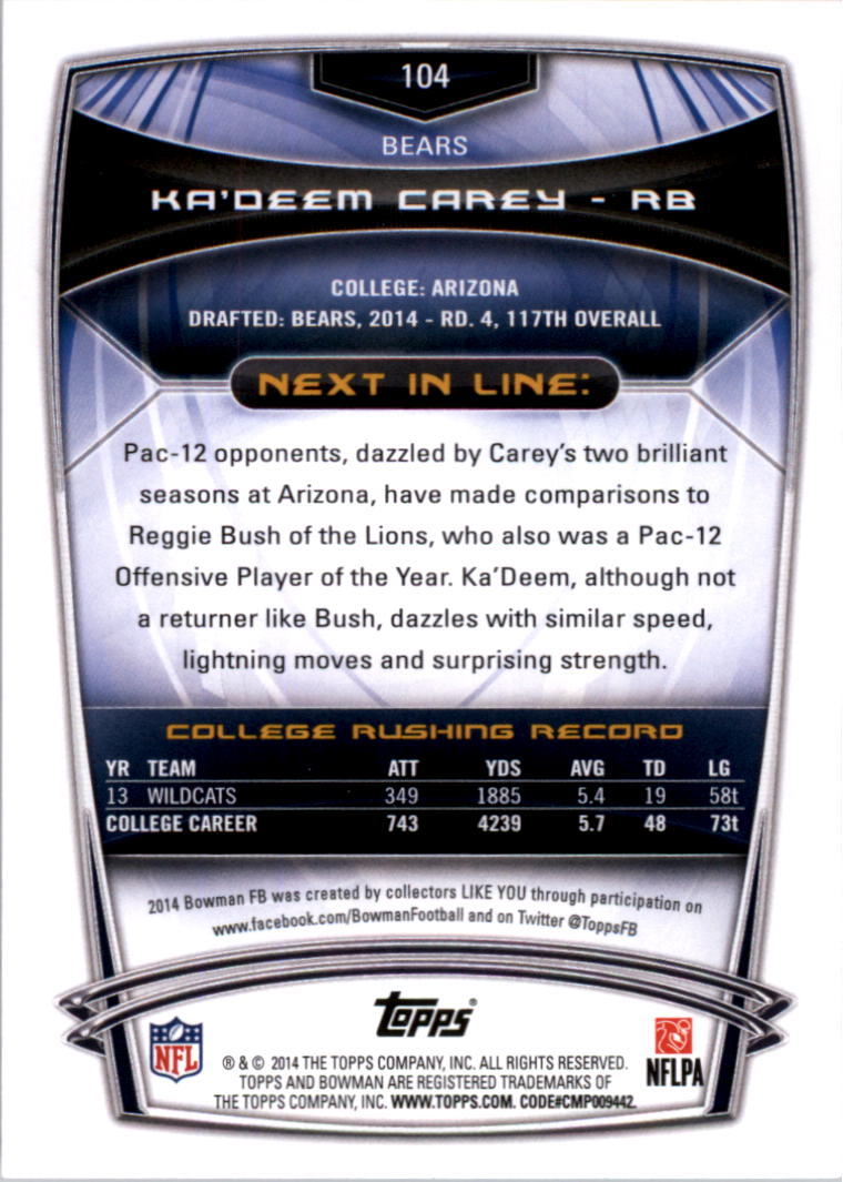 2014 Bowman #R104 Ka'Deem Carey RC back image