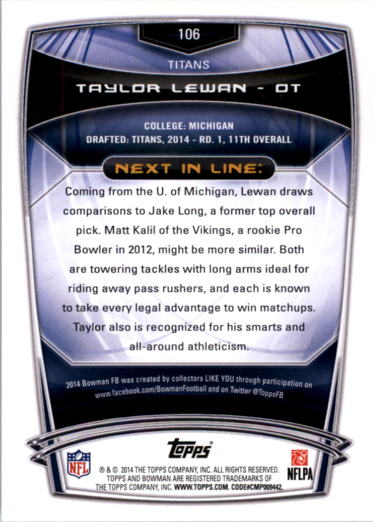 2014 Bowman #R106 Taylor Lewan RC back image