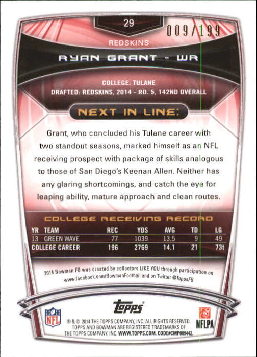2014 Bowman Red #R29 Ryan Grant back image
