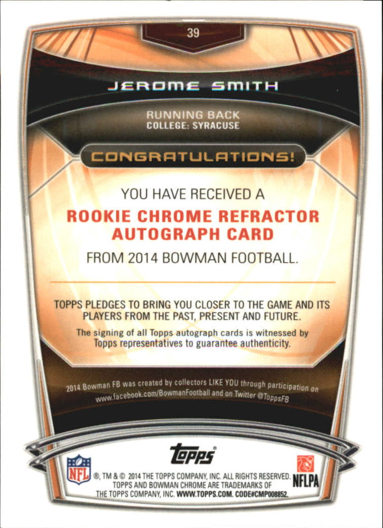 2014 Bowman Chrome Rookie Autographs College Refractors #39 Jerome Smith back image