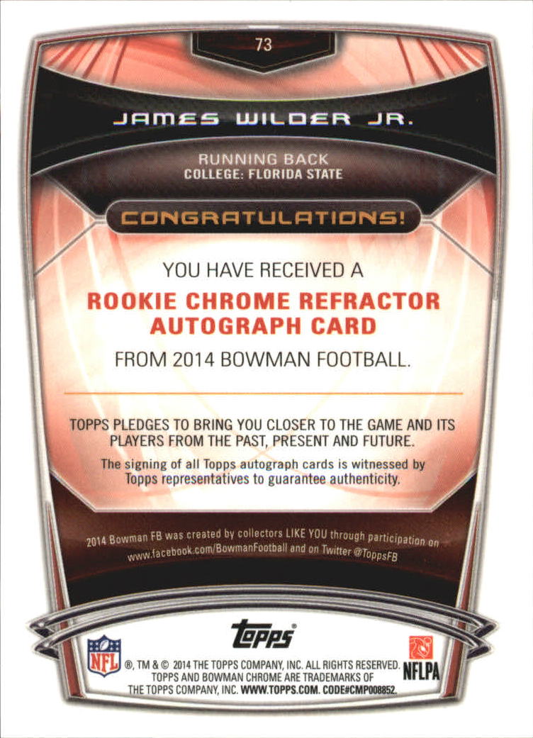 2014 Bowman Chrome Rookie Autographs College Refractors #73 James Wilder Jr. back image