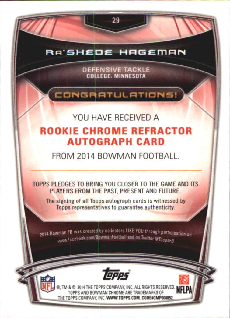 2014 Bowman Chrome Rookie Autographs College Refractors #29 Ra'Shede Hageman back image