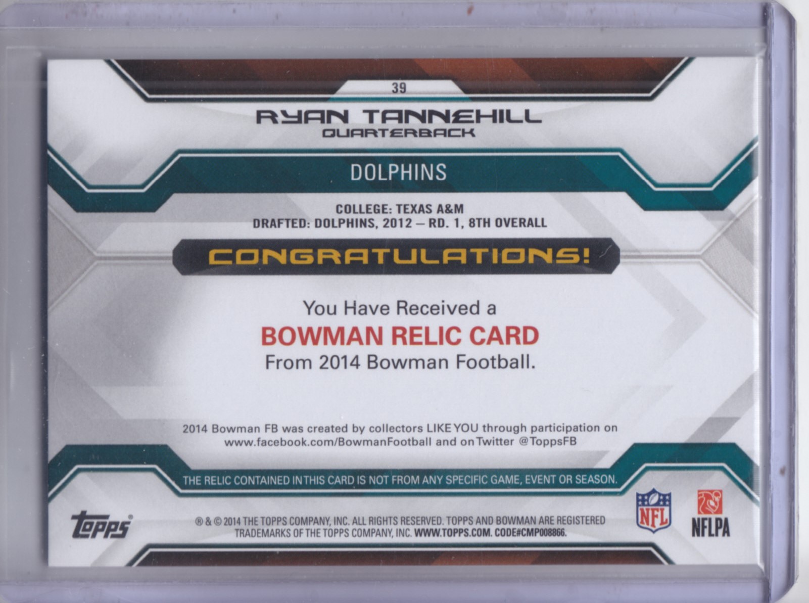 2014 Bowman Relics #39 Ryan Tannehill back image