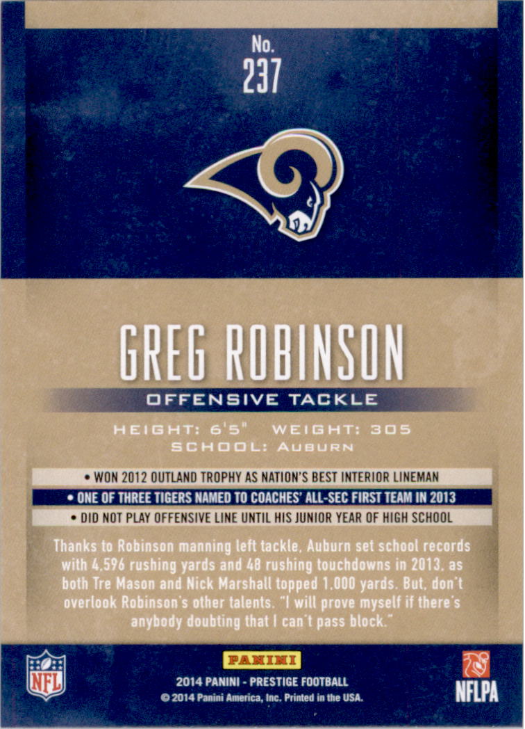 2014 Prestige #237 Greg Robinson RC back image