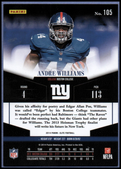 2014 Elite #105 Andre Williams/799 RC back image