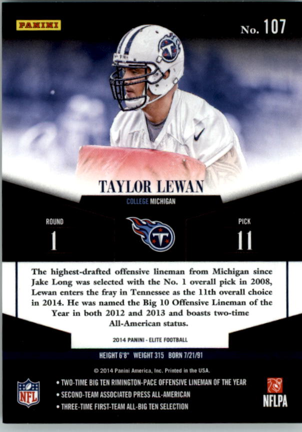 2014 Elite #107 Taylor Lewan/799 RC back image