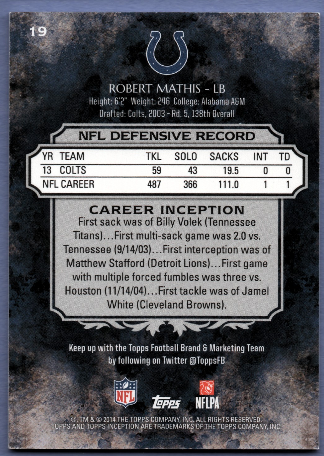 2014 Topps Inception #19 Robert Mathis back image