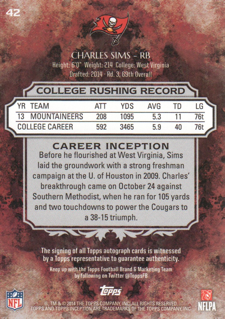 2014 Topps Inception #42R Charles Sims AU RC back image