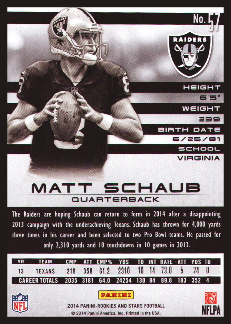 2014 Rookies and Stars #57 Matt Schaub back image