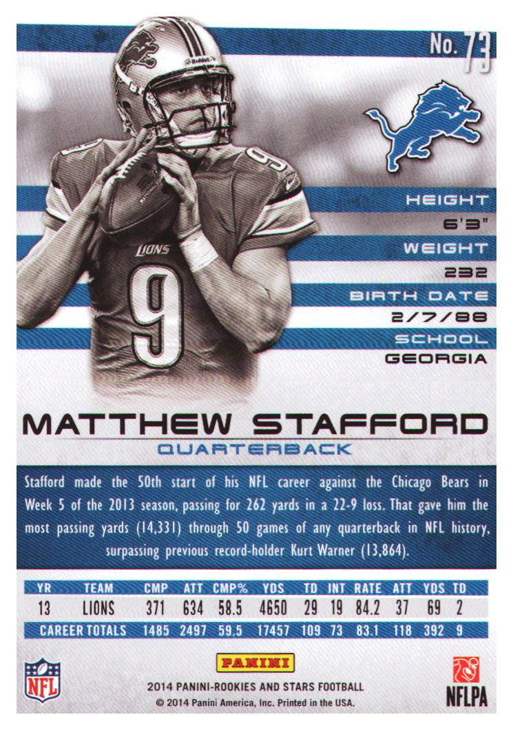 2014 Rookies and Stars #73 Matthew Stafford back image