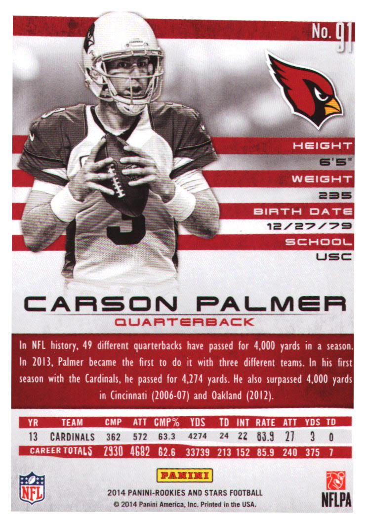 2014 Rookies and Stars #91 Carson Palmer back image