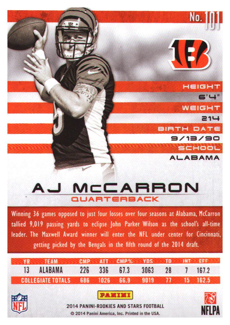 2014 Rookies and Stars #101A A.J. McCarron RC back image