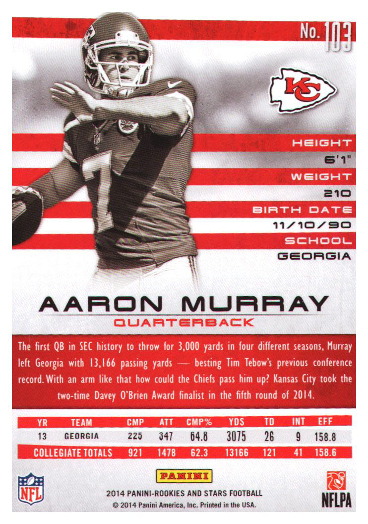 2014 Rookies and Stars #103 Aaron Murray RC back image