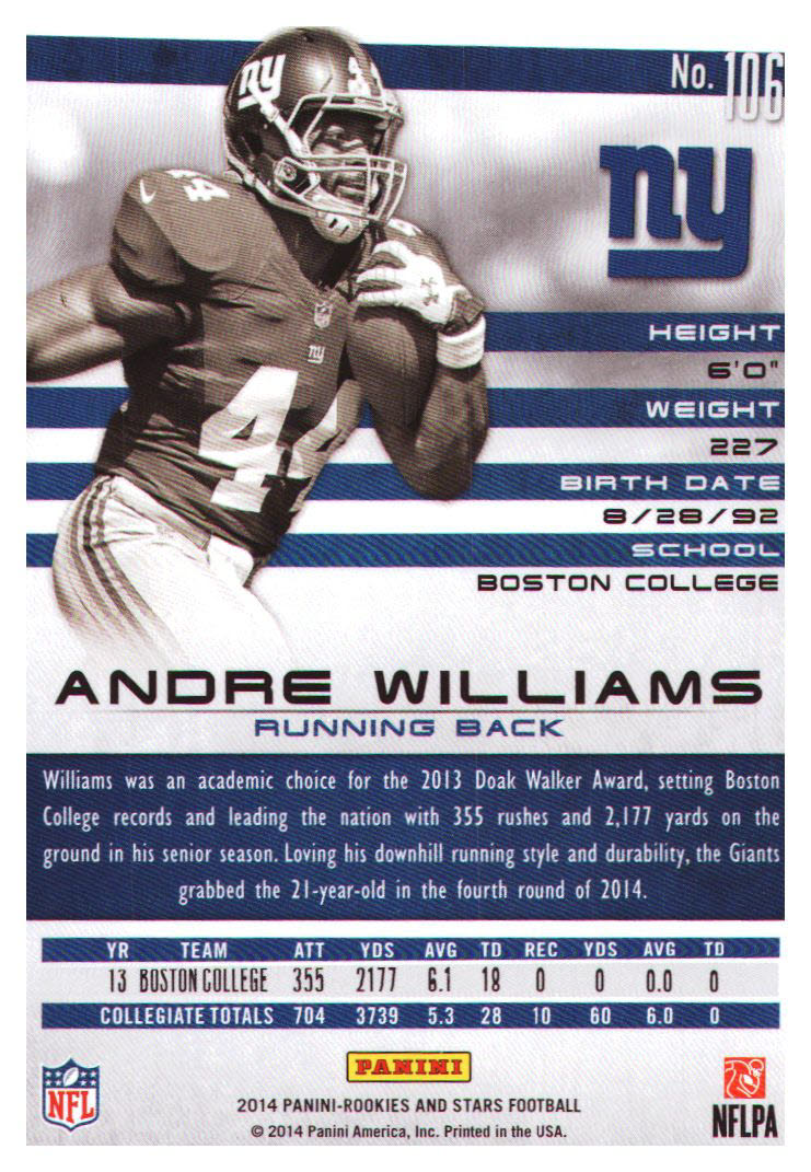 2014 Rookies and Stars #106A Andre Williams RC back image